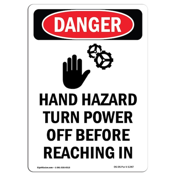 Safety Sign, OSHA Danger, 24" Height, Aluminum, Hand Hazard Turn Power, Portrait